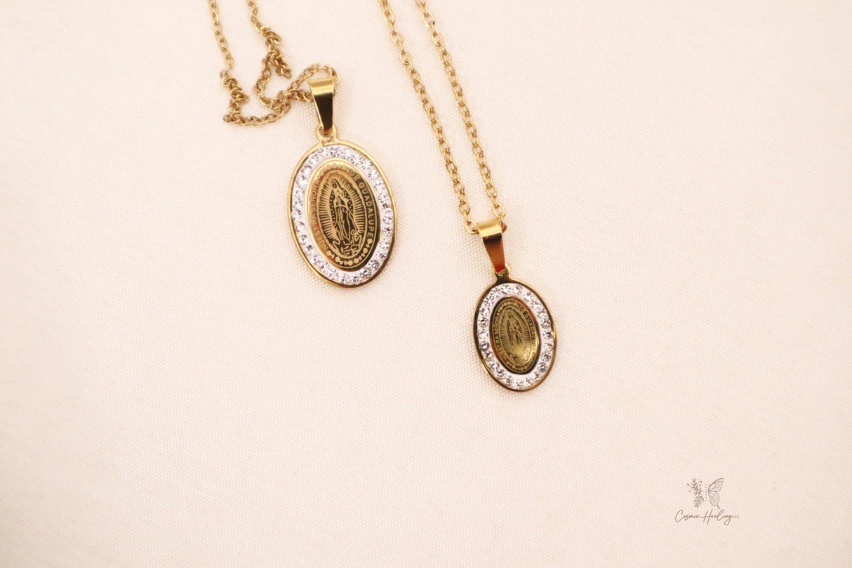 Virgen de Guadalupe pendant with sparkling cubic zirconia