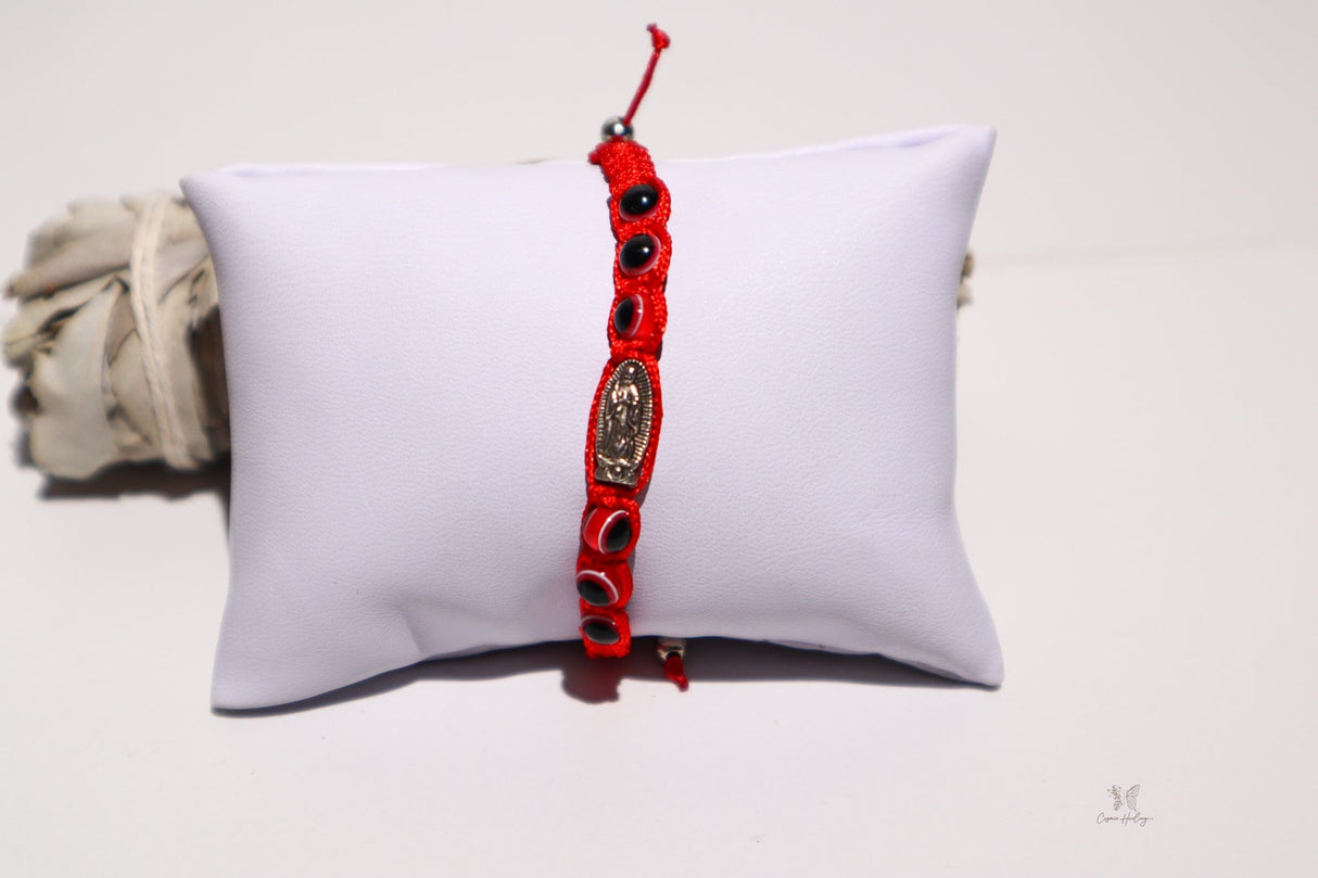Red evil eye charm bracelet for kids with Virgen de Guadalupe