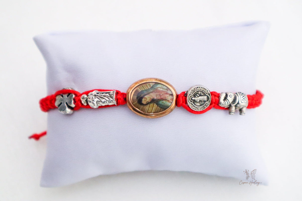 Woven Red Thread Bracelet with Virgen De Guadalupe charm