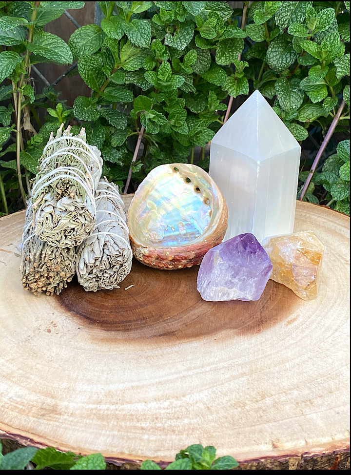 Energy Cleansing Kit Sage Smudge Bundle Abalone Shell Amethyst, Citrine, Selenite Standing Point