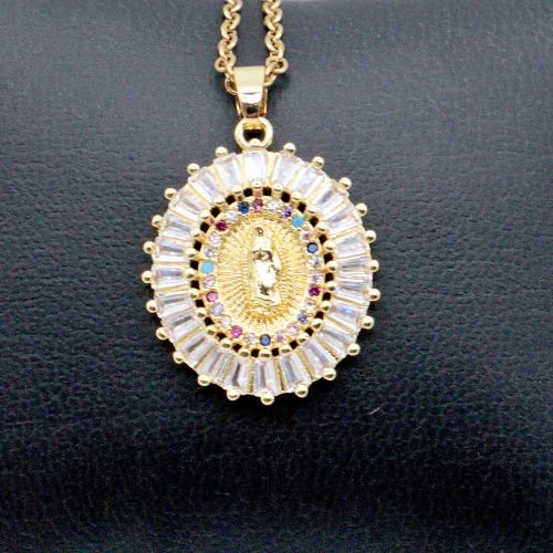 14k Filled Virgen de Guadalupe Medallion Necklace with Cubic Zirconia - Shop Cosmic Healing