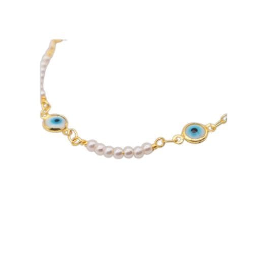 14K Gold Plated Bracelet with Mother of Pearl and Turquoise Evil Eye Charm - Shop Cosmic Healing