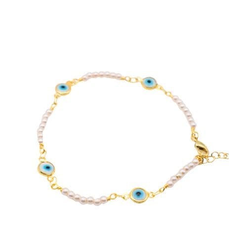 14K Gold Plated Bracelet with Mother of Pearl and Turquoise Evil Eye Charm - Shop Cosmic Healing