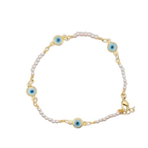 14K Gold Plated Bracelet with Mother of Pearl and Turquoise Evil Eye Charm - Shop Cosmic Healing