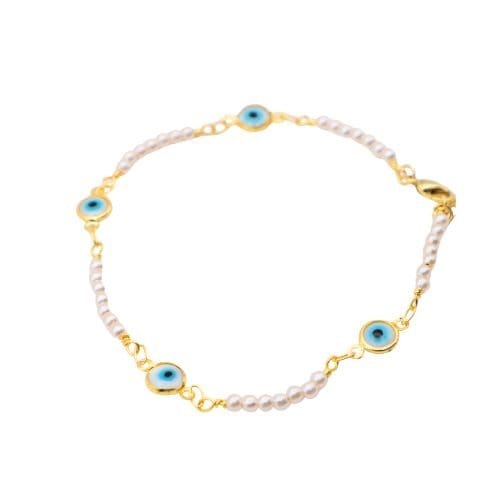 14K Gold Plated Bracelet with Mother of Pearl and Turquoise Evil Eye Charm - Shop Cosmic Healing