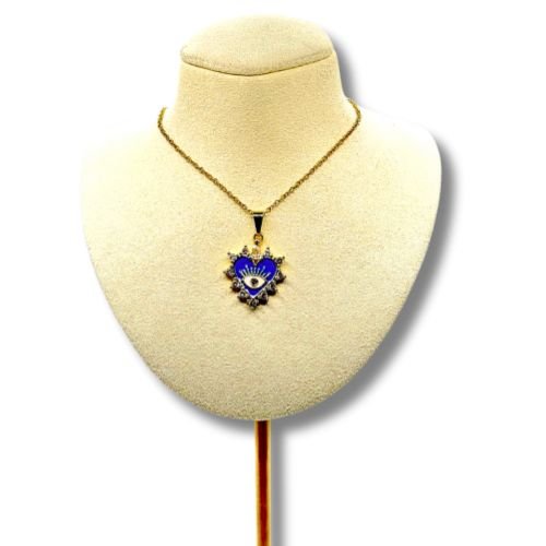 14K Gold Sunburst Heart with Evil Eye and Birthstone Necklace (Blue) - Shop Cosmic Healing