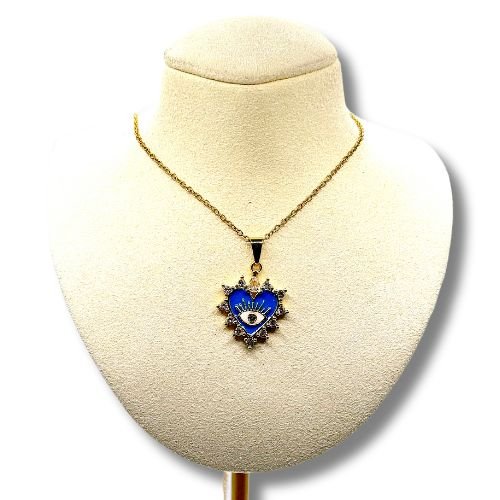 14K Gold Sunburst Heart with Evil Eye and Birthstone Necklace (Blue) - Shop Cosmic Healing