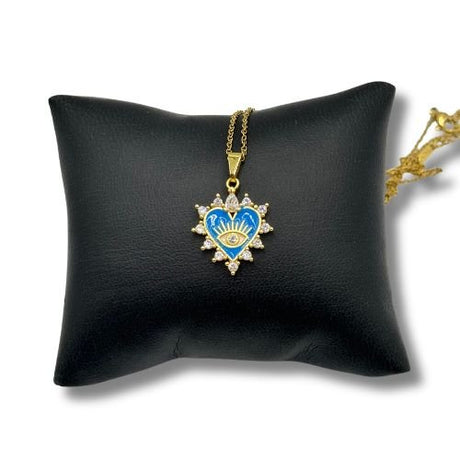 14K Gold Sunburst Heart with Evil Eye and Birthstone Necklace (Blue) - Shop Cosmic Healing