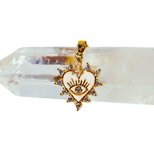 14K Gold Sunburst Heart with Evil Eye and Birthstone Necklace (Ivory) - Shop Cosmic Healing