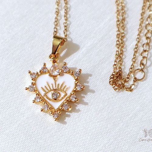 14K Gold Sunburst Heart with Evil Eye and Birthstone Necklace (Ivory) - Shop Cosmic Healing