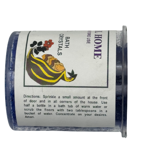 Bath crystals container with decorative label 