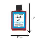 A bottle of Bat's Blood 7 Sisters Oil shown on a white background with black dimension arrows indicating 2 inches tall by 1 1/4 inches wide.