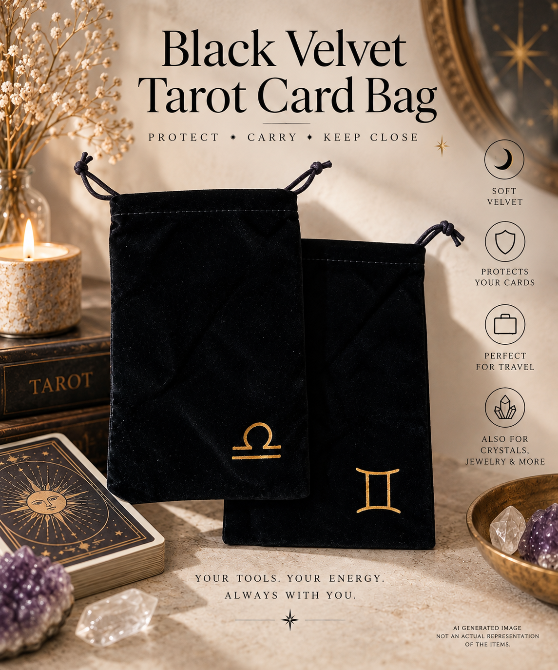 Black Velvet Tarot Card Bag | Constellation Tarot Deck Pouch, Oracle Card Storage, Crystal & Jewelry Drawstring Bag