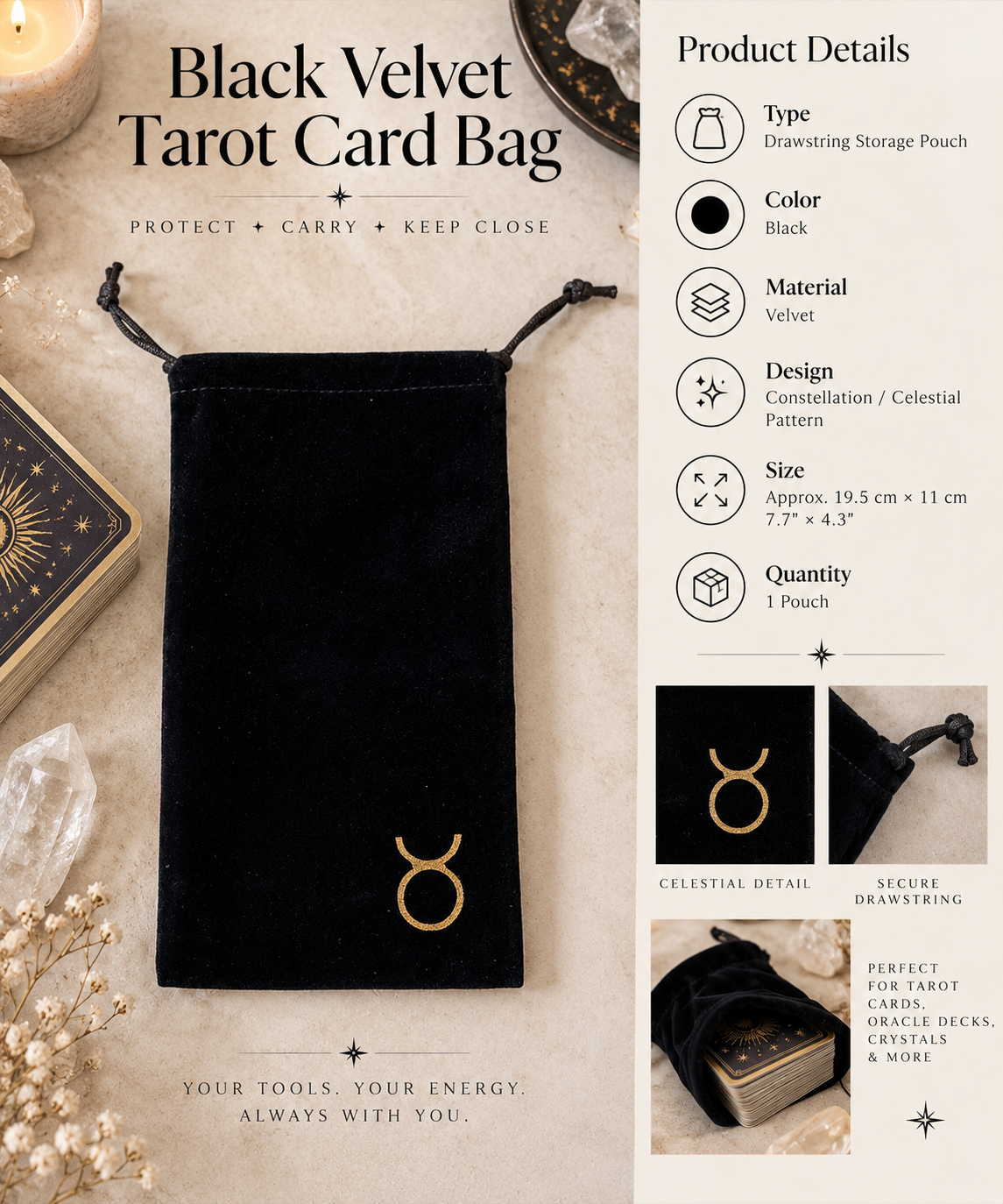 Black Velvet Tarot Card Bag | Constellation Tarot Deck Pouch, Oracle Card Storage, Crystal & Jewelry Drawstring Bag