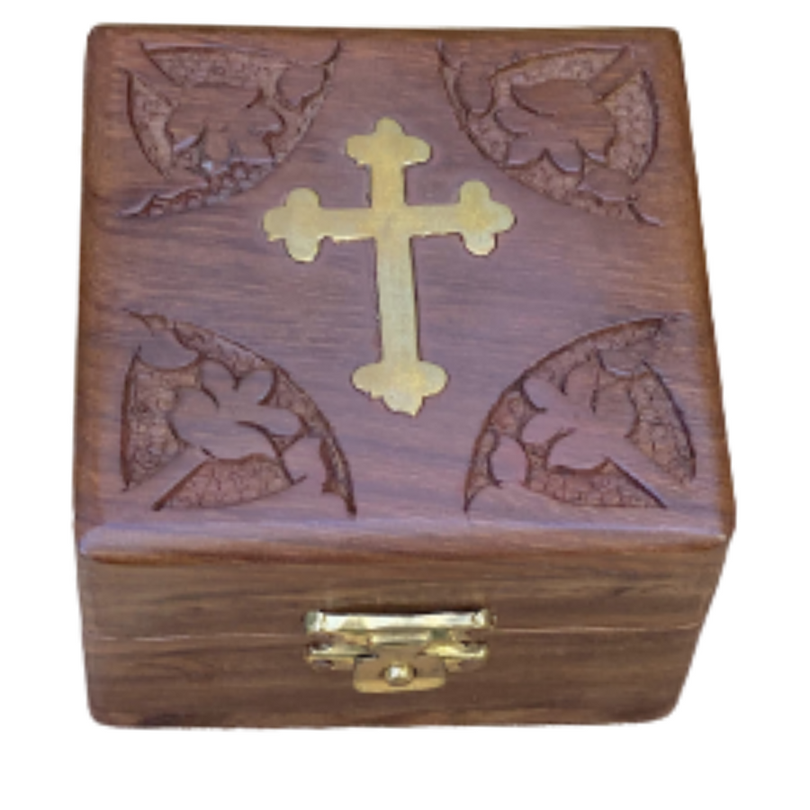 Cross Inlaid Wooden Rosary Keepsake Box 3"