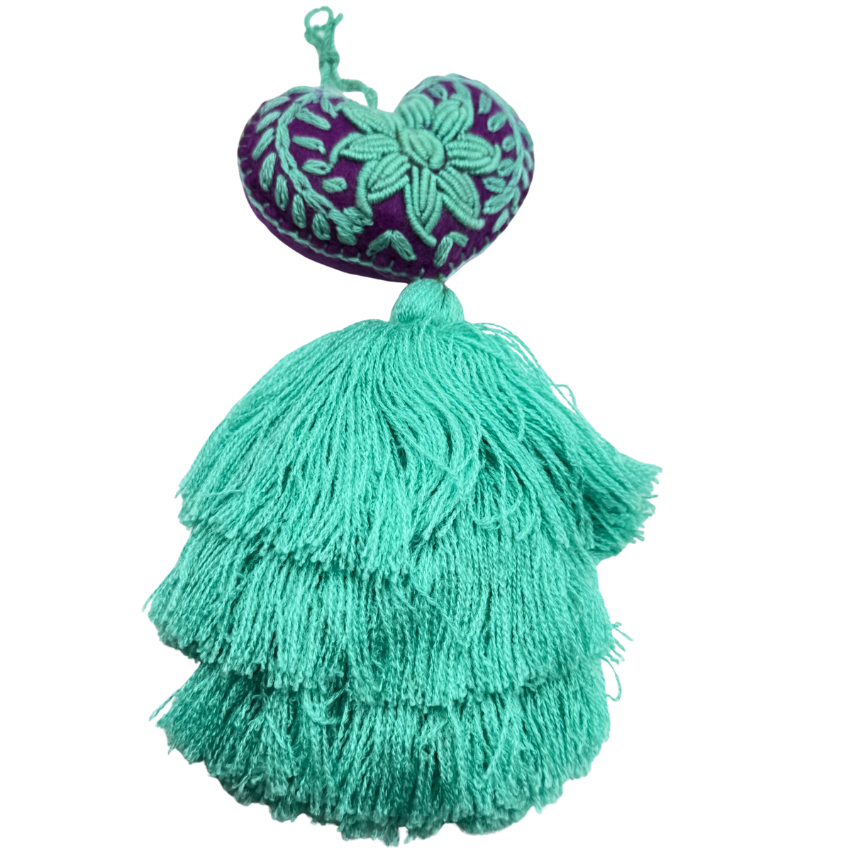 Embroidered Teal Sunflower Tassel Charm 4"