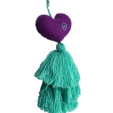 Embroidered Teal Sunflower Tassel Charm 4"