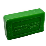 Green bar of soap with 'Powerful Indian Indo' text on a white background