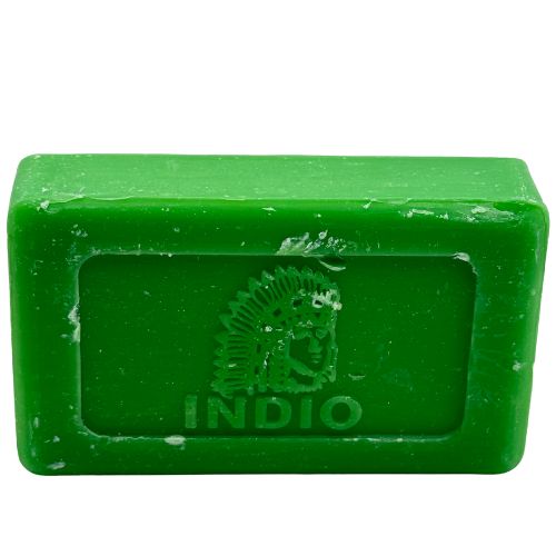 Green bar of soap with 'Indio' branding on a white background