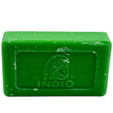 Green bar of soap with 'Indio' branding on a white background