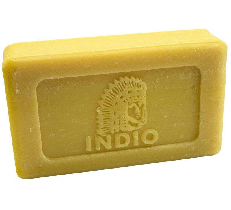 Yellow bar of soap with 'Indio' branding on a white background