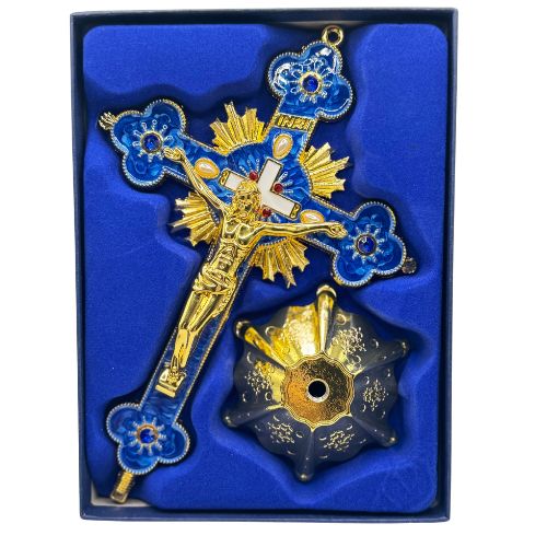 Ornate Metal Standing Crucifix Pearl Motif 8" Blue (Crucifijo de Metal 8" Azul)