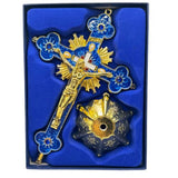 Ornate Metal Standing Crucifix Pearl Motif 8" Blue (Crucifijo de Metal 8" Azul)