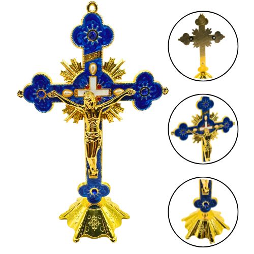Metal Standing Crucifix Pearl Motif 8" Blue | Shop Cosmic Healing