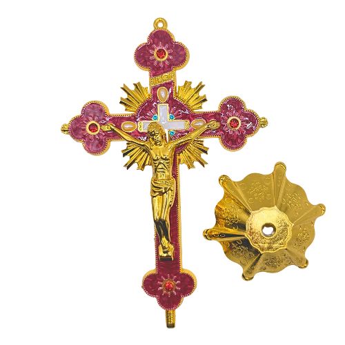 Ornate Metal Standing Crucifix Pearl Motif 8" Pink  (Crucifijo de Metal 8" Rosa)