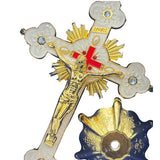Ornate Metal Standing Crucifix Pearl Motif White 8"
