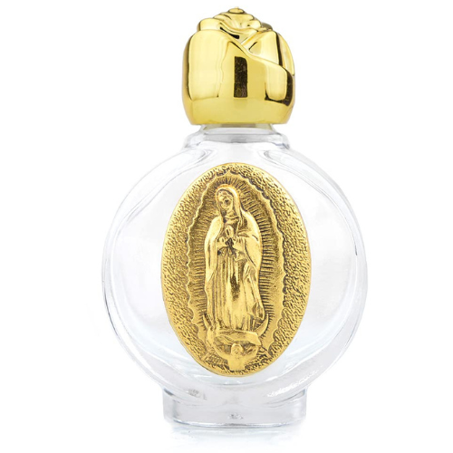 Our Lady of Guadalupe Glass Holy Water Bottle Empty- Gold (Botella Virgen de Guadalupe) Blessing • Protection • Purification
