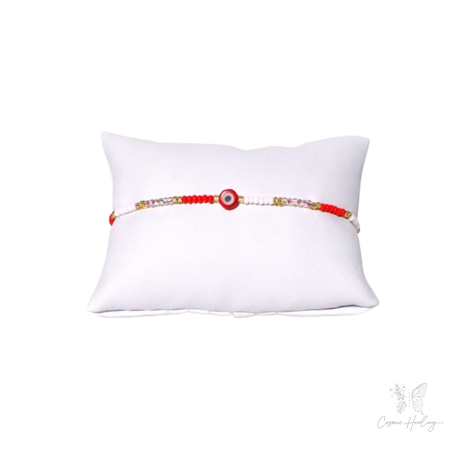 Red Evil Eye Charm Bracelet White, Red, Gold Beads