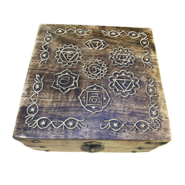 Seven Chakra Carved Wood Box 7.5"x7.5"x4"(h)