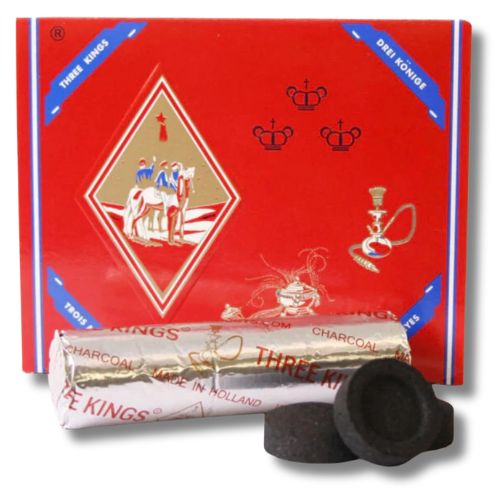 Three Kings hookah accessories including a red box, charcoal roll.