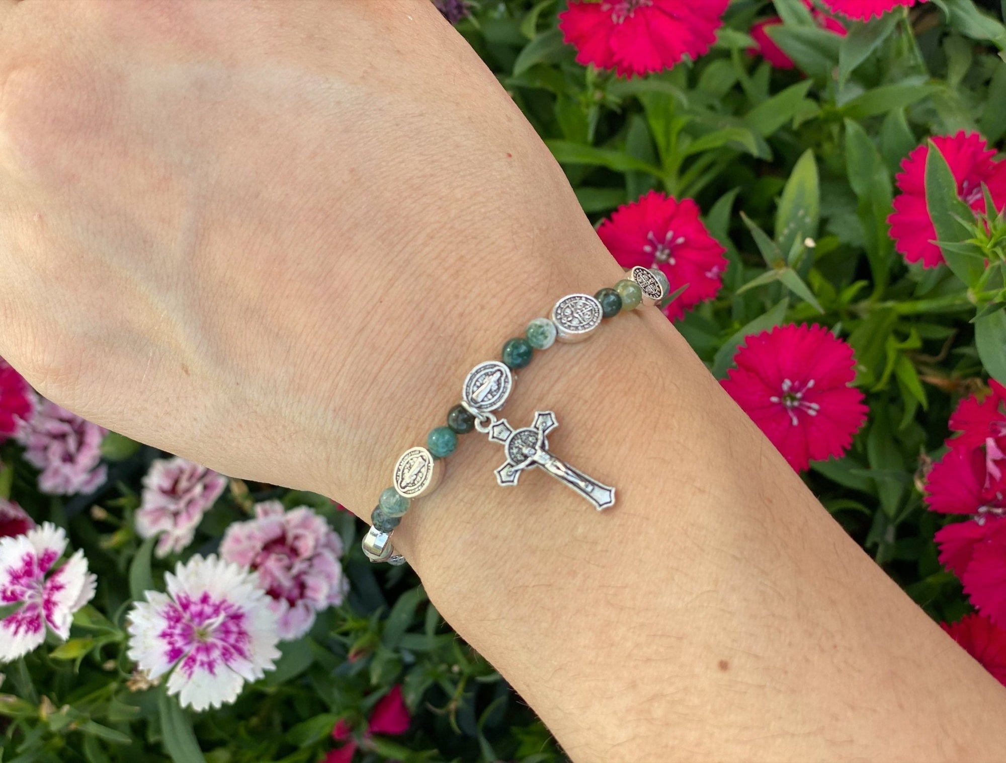 Agate Gemstone Saint Benedict Rosary Bracelet - Shop Cosmic Healing