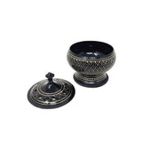 Black Carved Incense Burner with Wooden Coaster & Lid 3″D 3.5″H - Shop Cosmic Healing