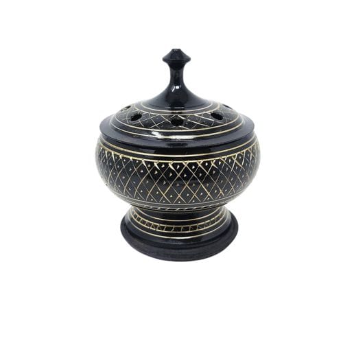 Black Carved Incense Burner with Wooden Coaster & Lid 3″D 3.5″H - Shop Cosmic Healing