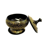 Elegant black incense burner with carved details, 3" D, 3.5" H