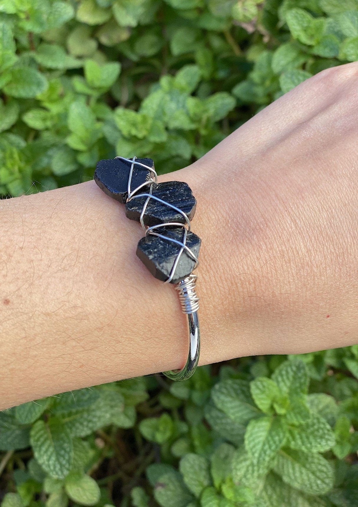 Black Tourmaline Water Drop Bead Open Cuff Bangle - Shop Cosmic Healing