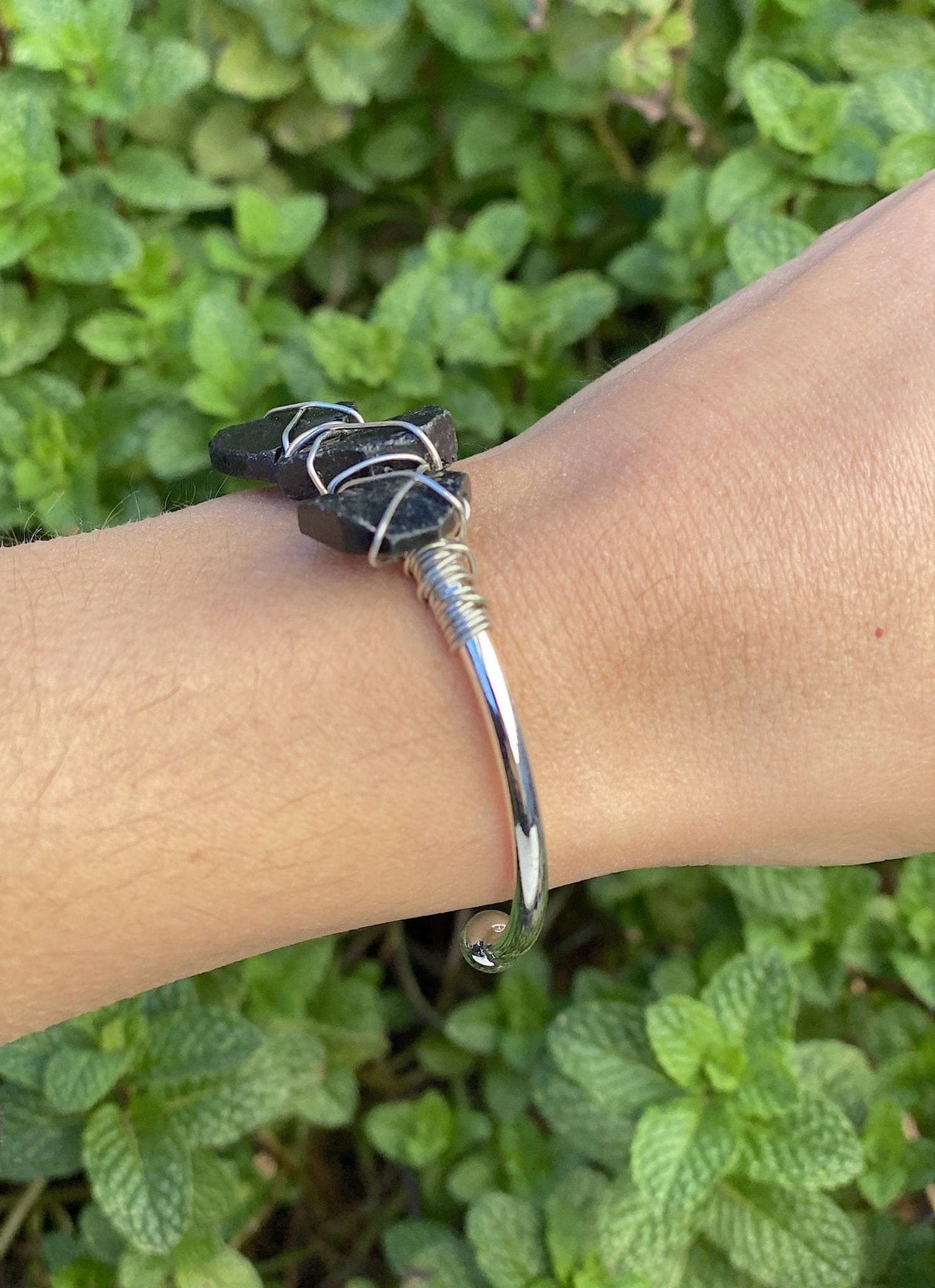 Black Tourmaline Water Drop Bead Open Cuff Bangle - Shop Cosmic Healing