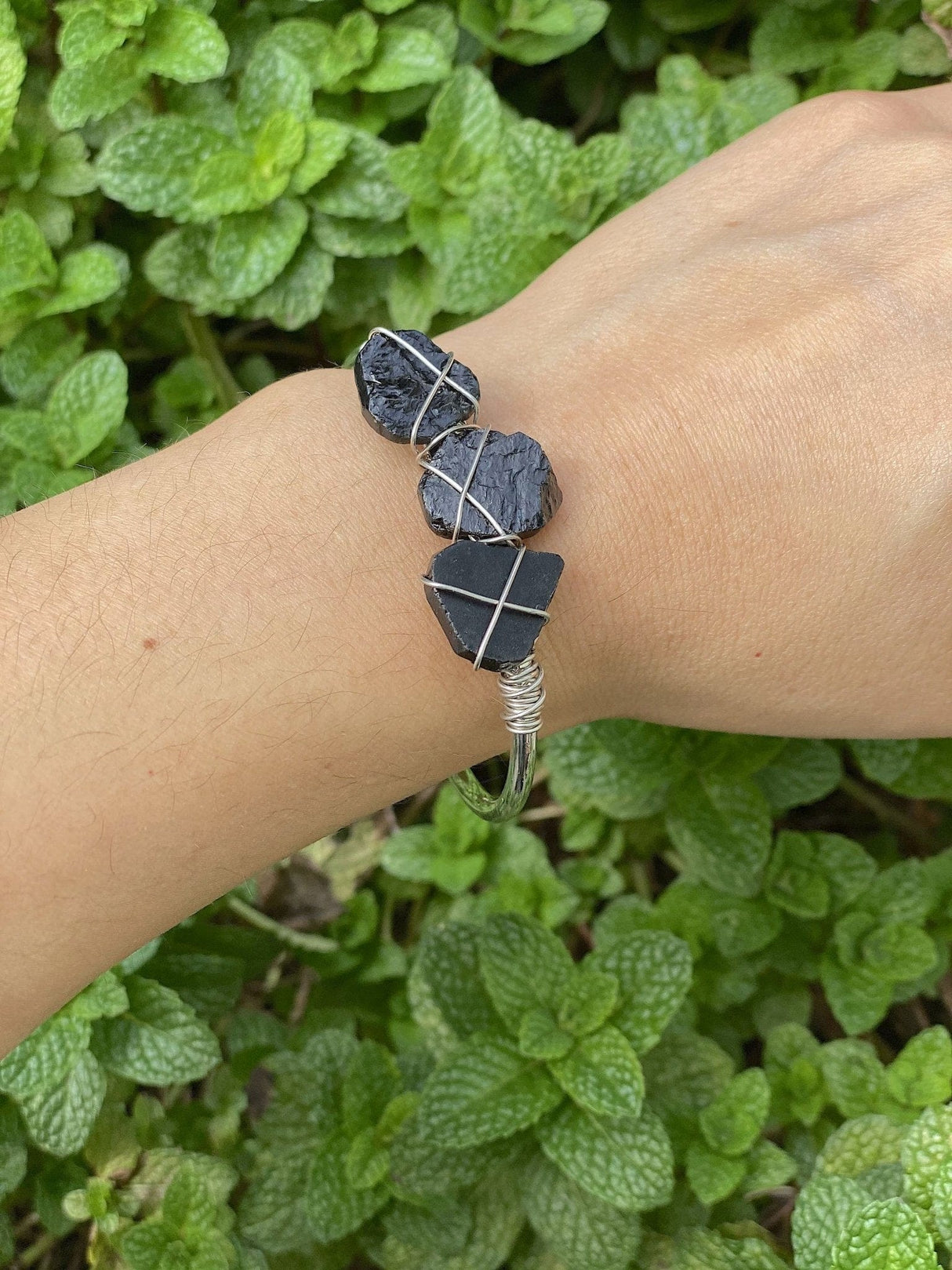 Black Tourmaline Water Drop Bead Open Cuff Bangle - Shop Cosmic Healing