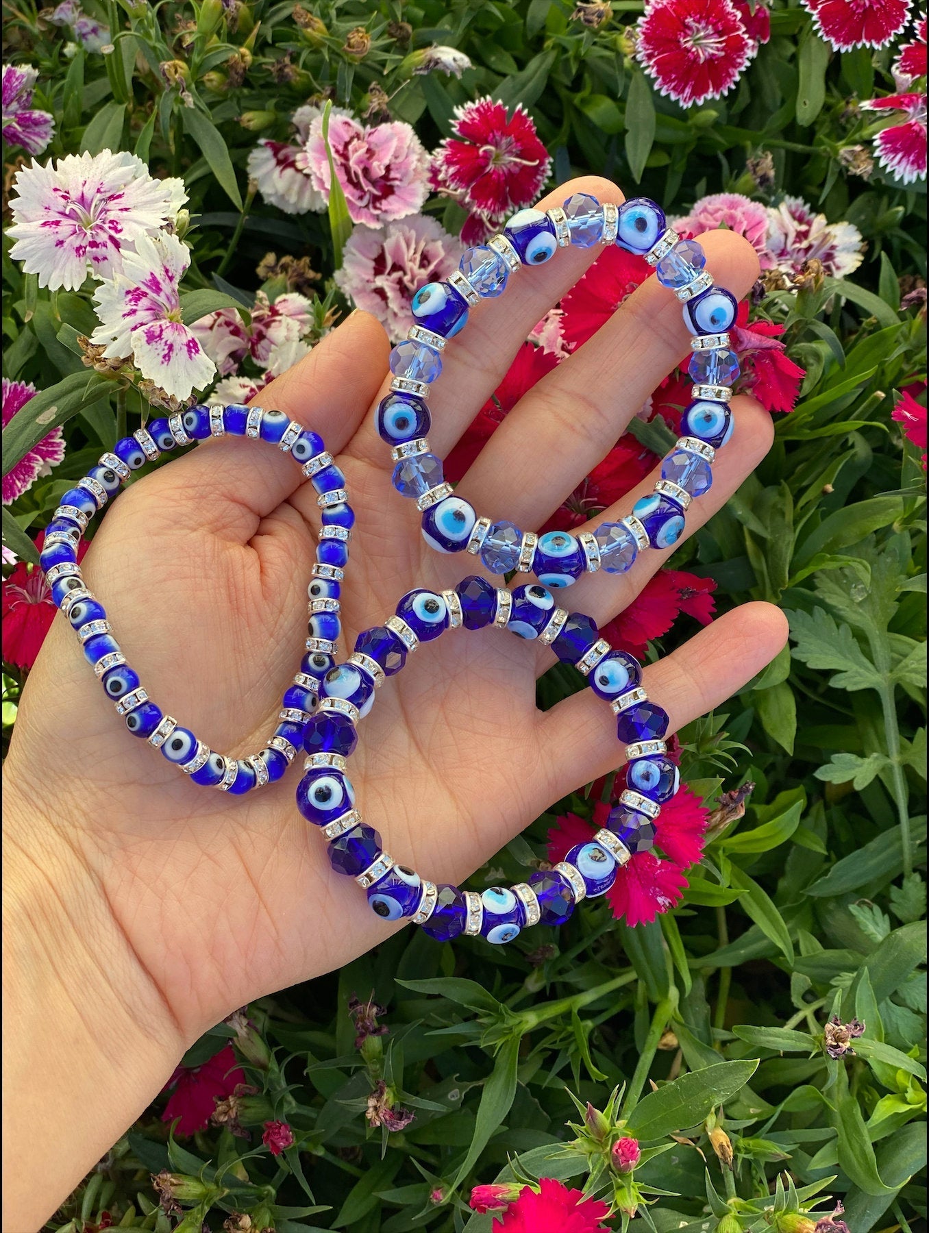 Blue Evil Eye Charm Bracelet with Rhinestones - Shop Cosmic Healing