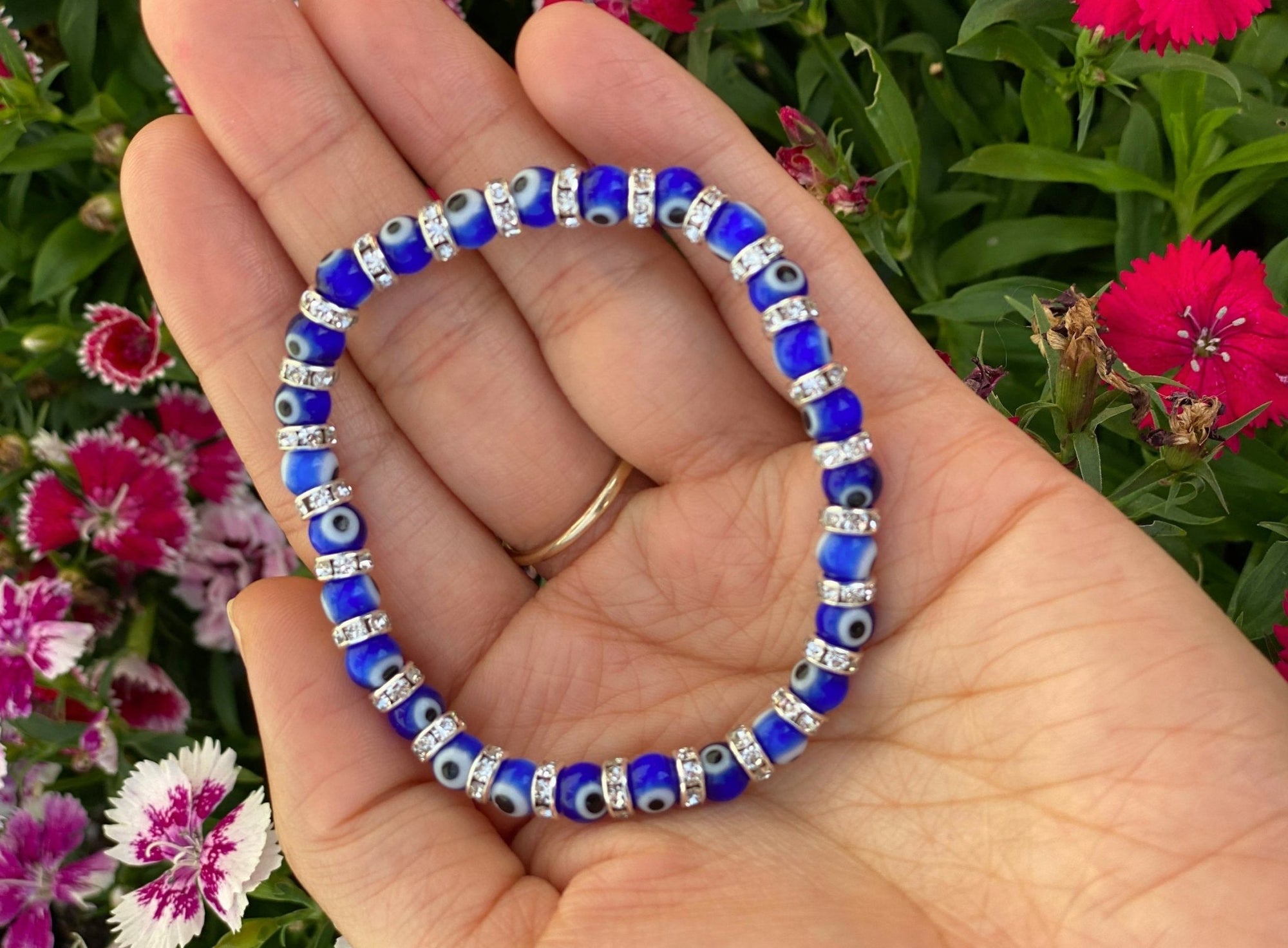 Blue Evil Eye Charm Bracelet with Rhinestones - Shop Cosmic Healing
