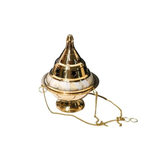 Brass Hanging Censer with Mother of Pearl 5"H - Shop Cosmic Healing