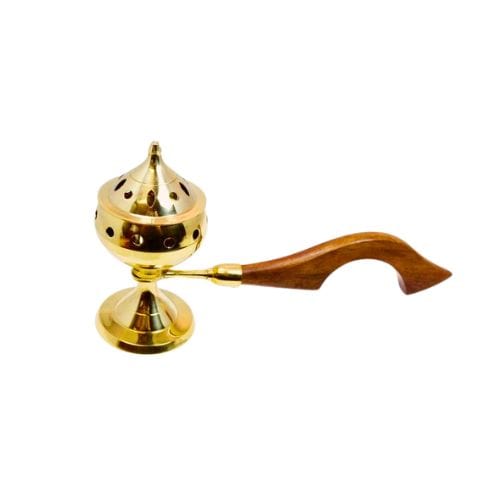 Brass Incense Burner with Wooden Handle 5"H for resin incense - Shop Cosmic Healing