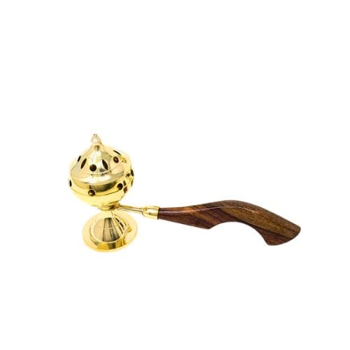 Brass Incense Burner with Wooden Handle 5"H for resin incense - Shop Cosmic Healing