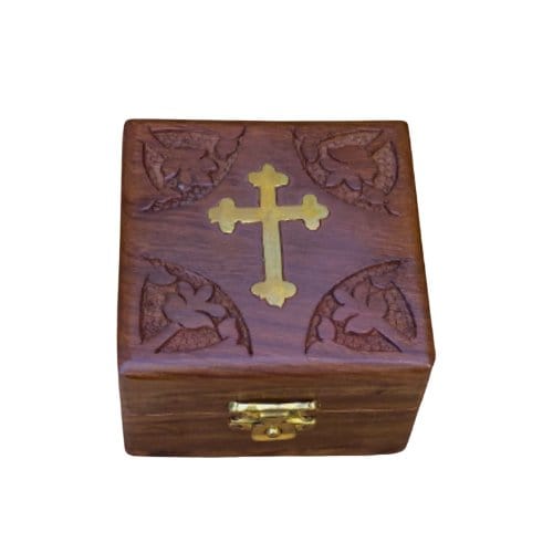 Brass cross inlay wooden rosary box - 3"