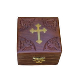 Brass cross inlay wooden rosary box - 3"