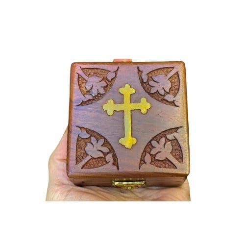 3" Brass inlay cross wooden rosary box