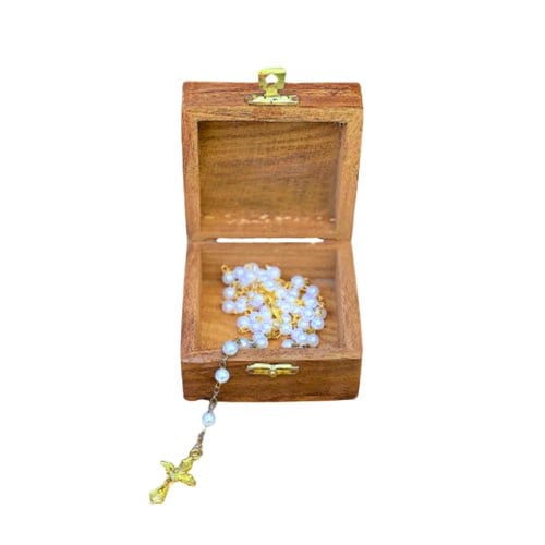 3" Wooden rosary box with brass inlay cross